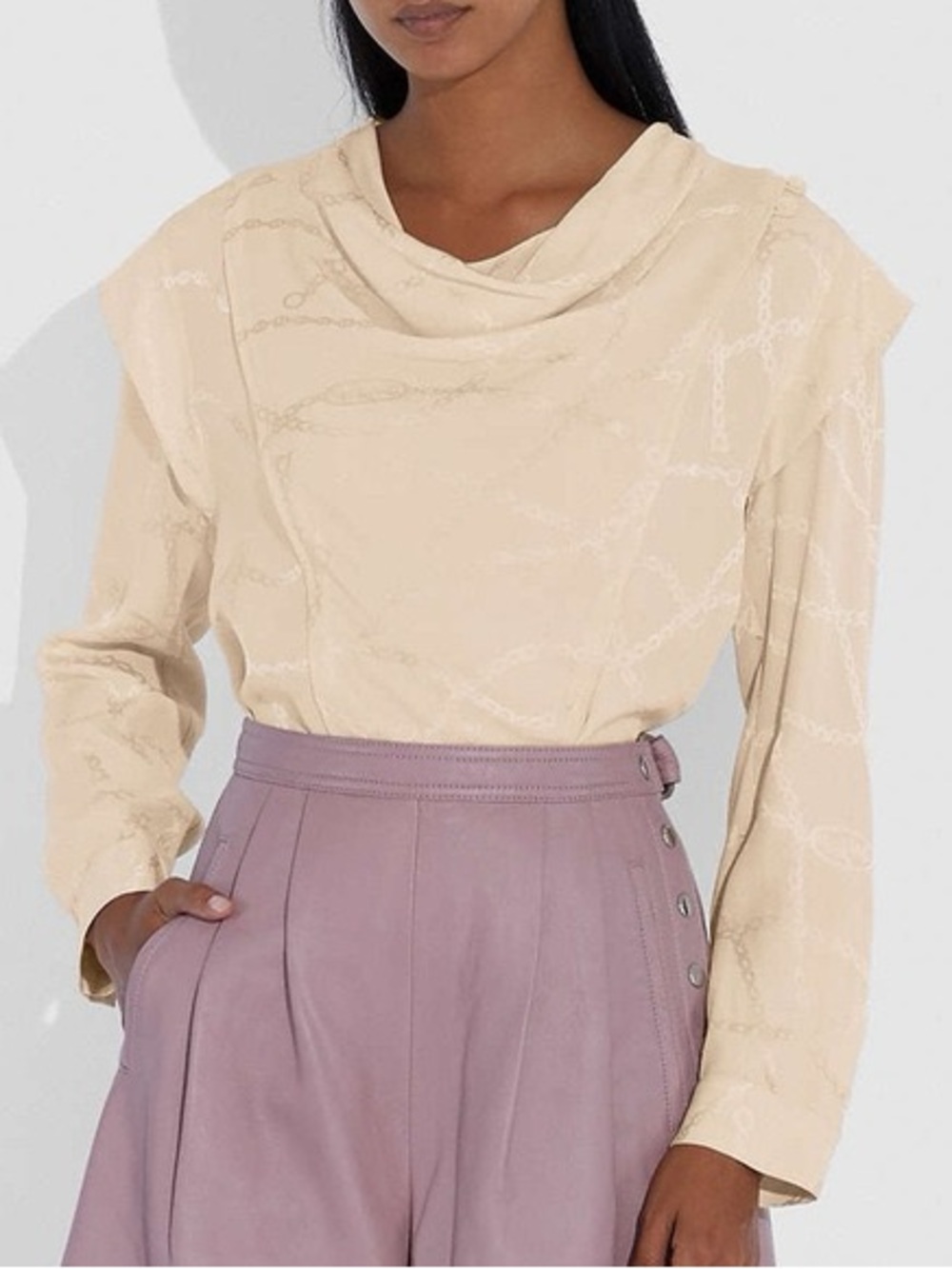 Coach 1941 cream satin neutral chain jacquard cowl neck long sleeve blouse